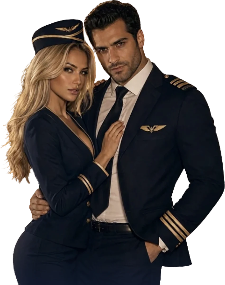 Piloot en stewardess in donkerblauw uniform met gouden strepen
